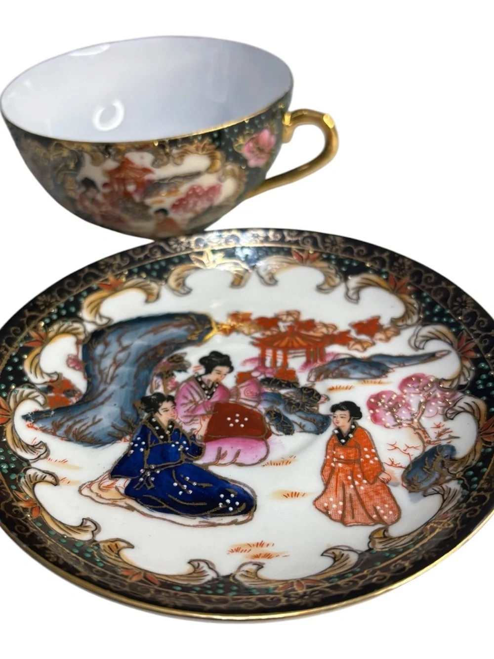 Vint Hand Painted Satsuma Chinese Porcelain Cup Saucer Gilded Gold Geisha Girls